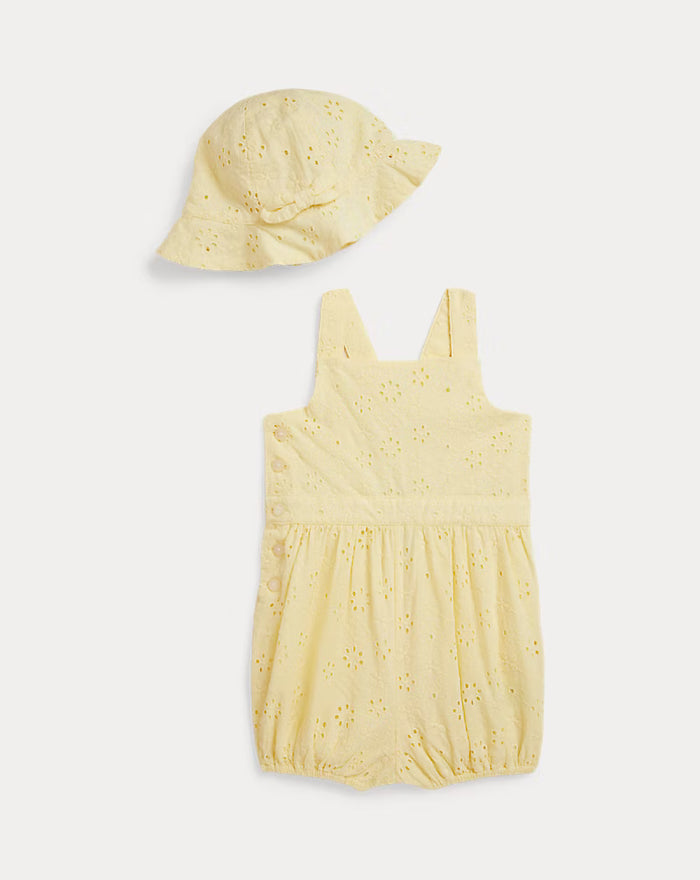 Eyelet Cotton Bubble Shortall & Hat in Yellow - Madison's Niche