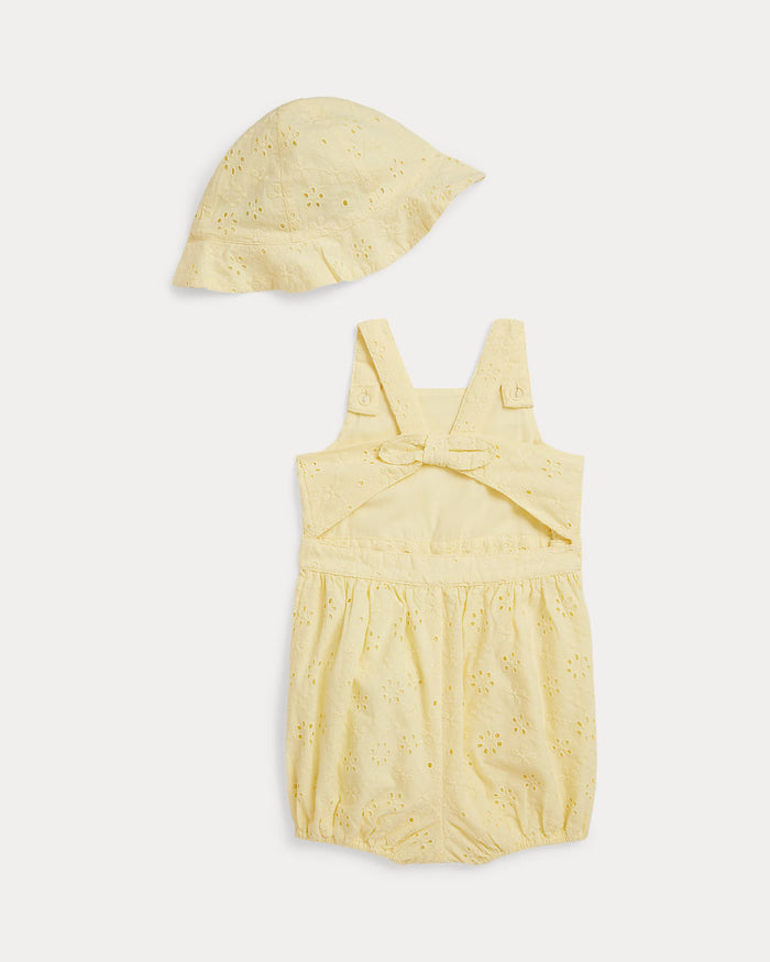 Eyelet Cotton Bubble Shortall & Hat in Yellow - Madison's Niche
