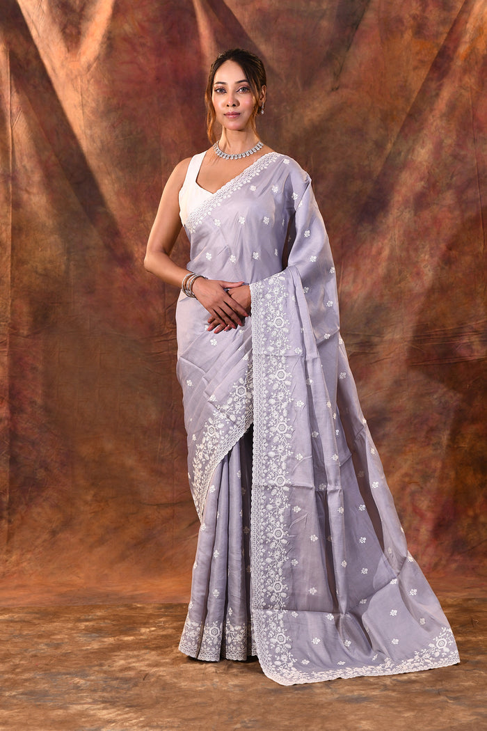 Feather Purple Floral Silk Blend Saree