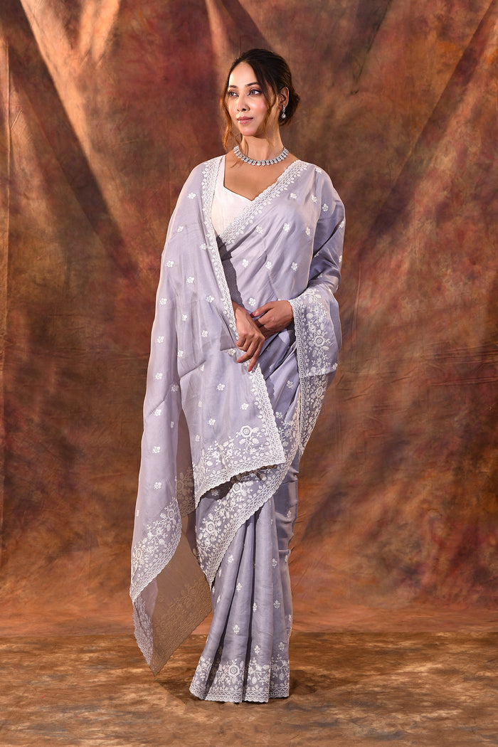 Feather Purple Floral Silk Blend Saree