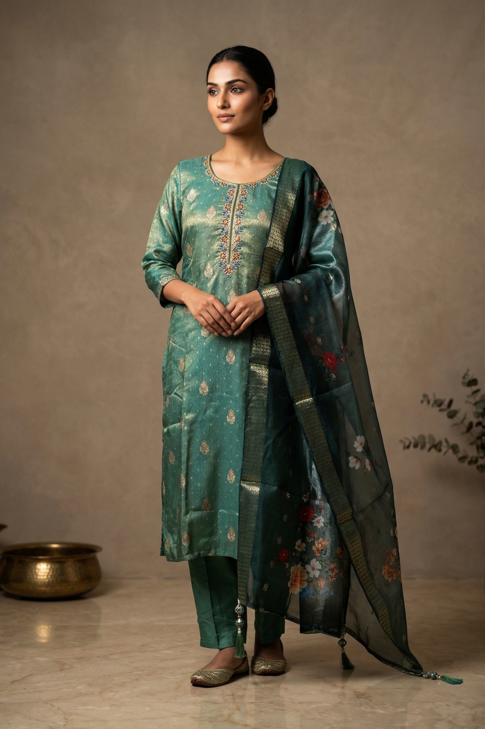 Fern Green Tissue Silk Banarasi Kurta Set
