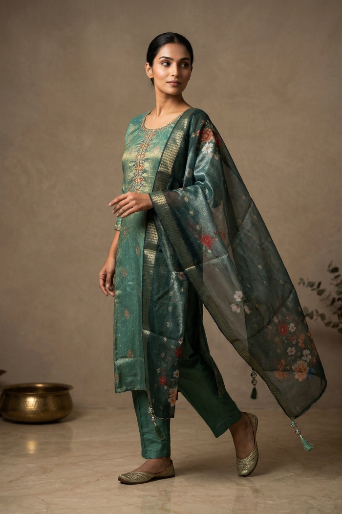 Fern Green Tissue Silk Banarasi Kurta Set
