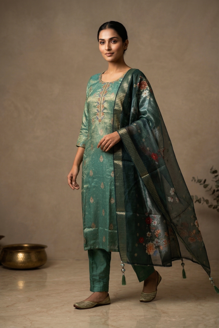 Fern Green Tissue Silk Banarasi Kurta Set