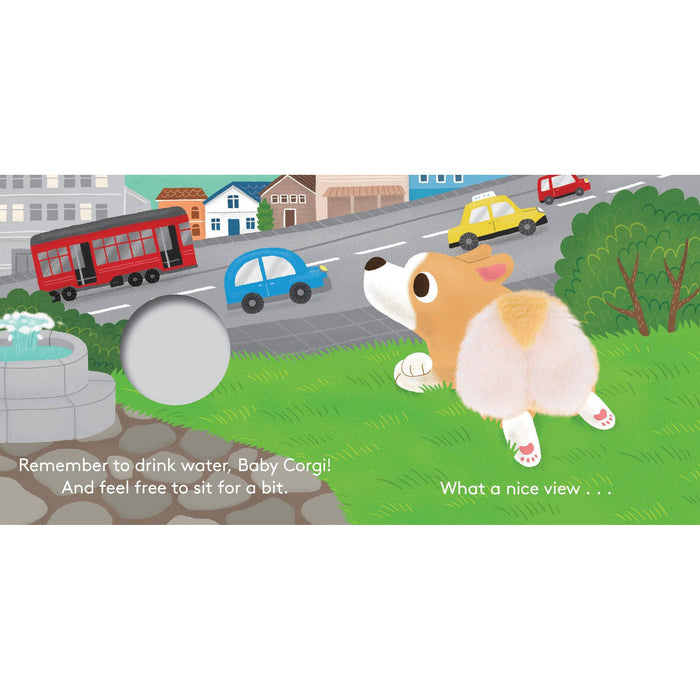 A children's board book or picture book page showing an illustrated corgi dog on a grassy lawn with a city street, cars, houses, and a fountain in the background. Text on the page reads, 'Remember to drink water, Baby Corgi! And feel free to sit for a bit.
