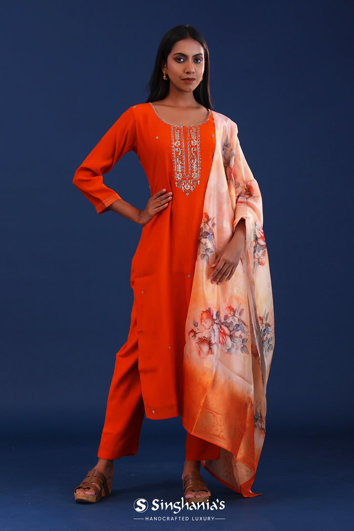 <img> Fire Orange Crush Georgette Sequence Work Kurti Set