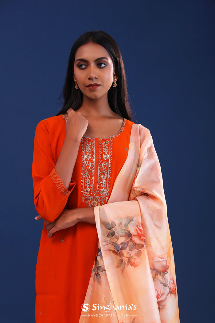 <img> Fire Orange Crush Georgette Sequence Work Kurti Set