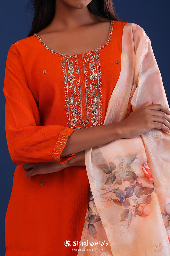 <img> Fire Orange Crush Georgette Sequence Work Kurti Set