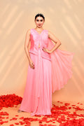 Flamingo Pink Crepe Silk Solid Draped Saree