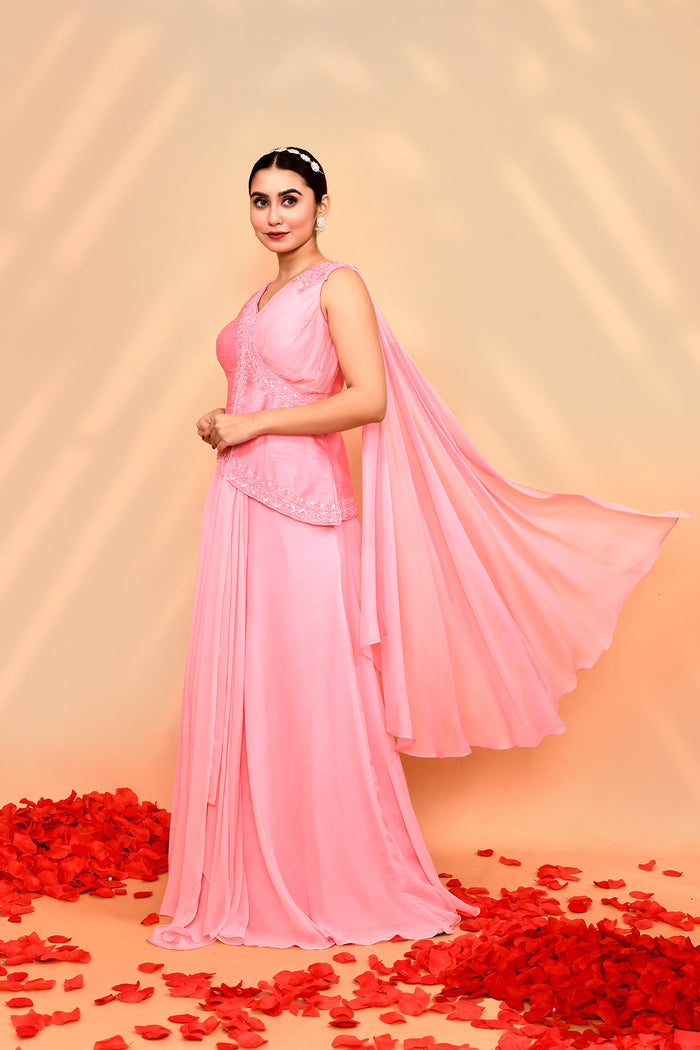 Flamingo Pink Crepe Silk Solid Draped Saree