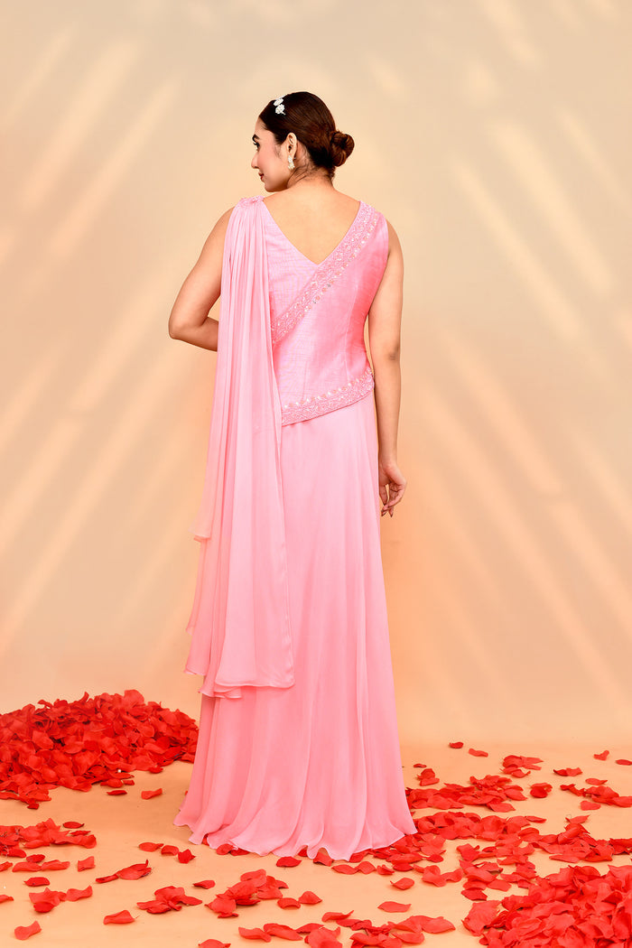 Flamingo Pink Crepe Silk Solid Draped Saree