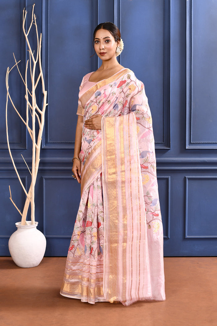 Flamingo Pink Embroidered Silk Saree