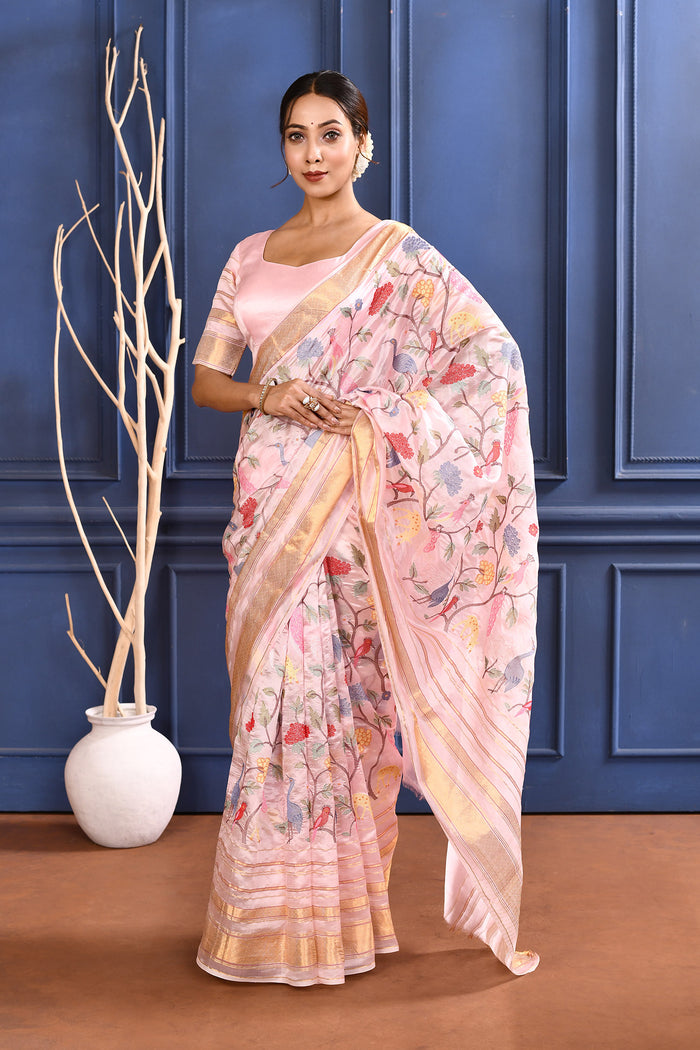 Flamingo Pink Embroidered Silk Saree