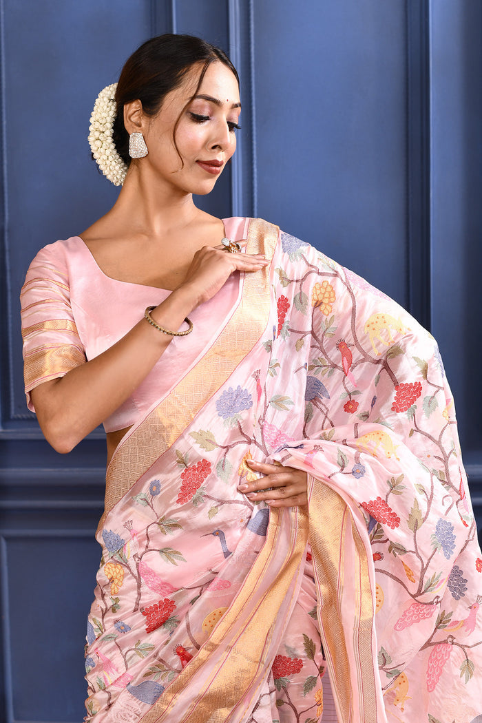 Flamingo Pink Embroidered Silk Saree