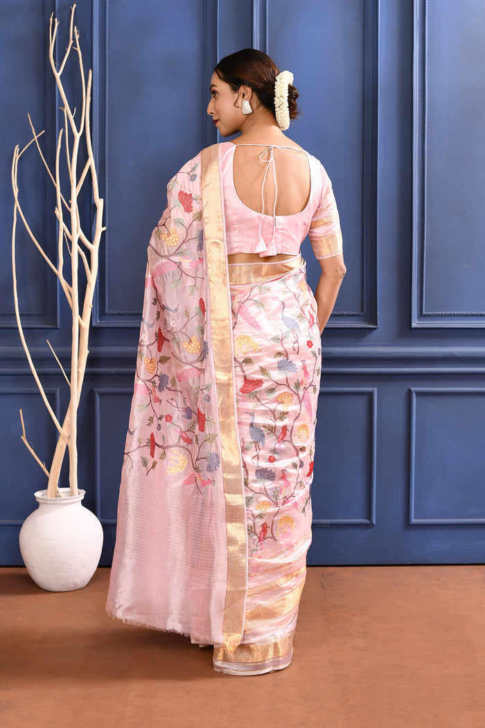 Flamingo Pink Embroidered Silk Saree
