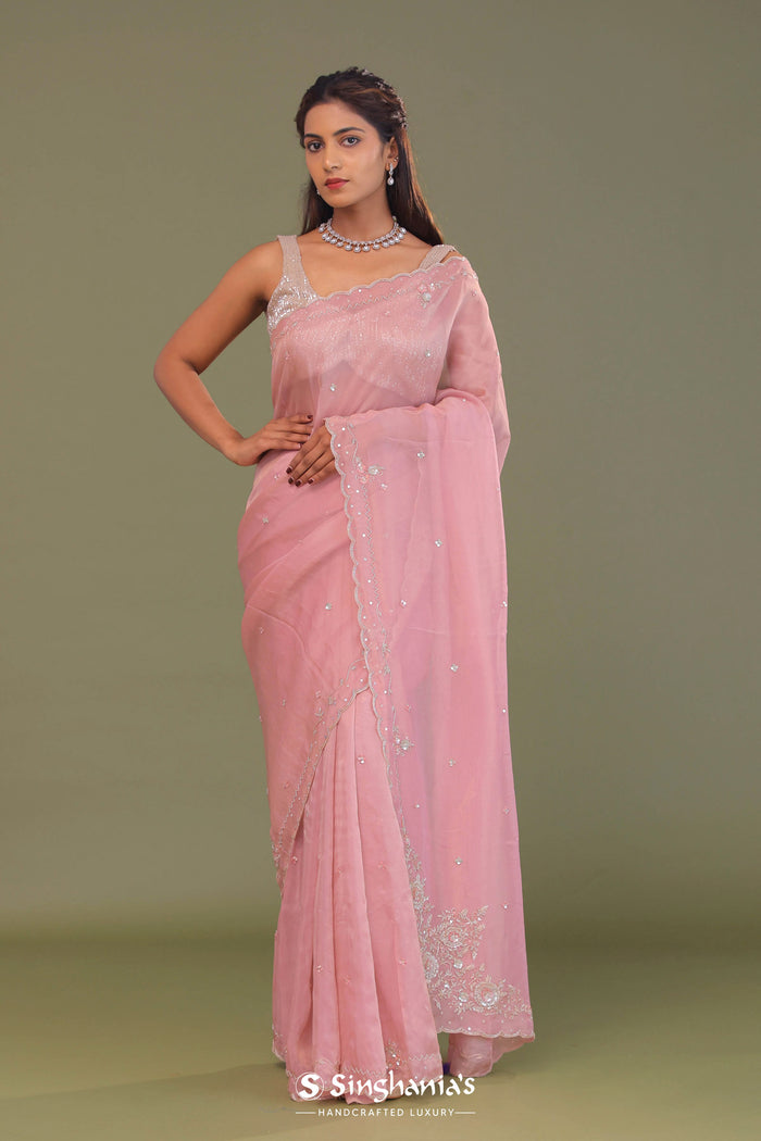 <img> Flamingo Pink Organza Embroidery Saree With Scallop Border