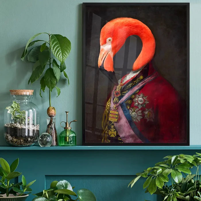 Flamingo Portrait Print, quirky altered art print black framed on a living room shelf