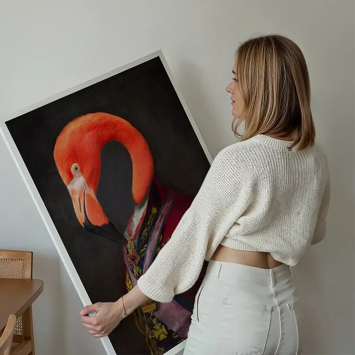 Flamingo Portrait Print held up against a living room wall