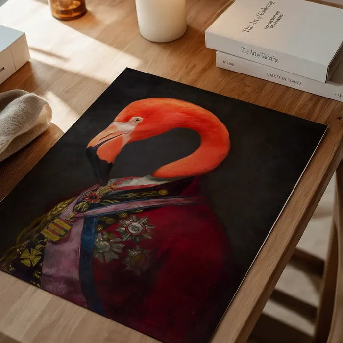 Flamingo Portrait Print, quirky altered art print unframed on a home office desk