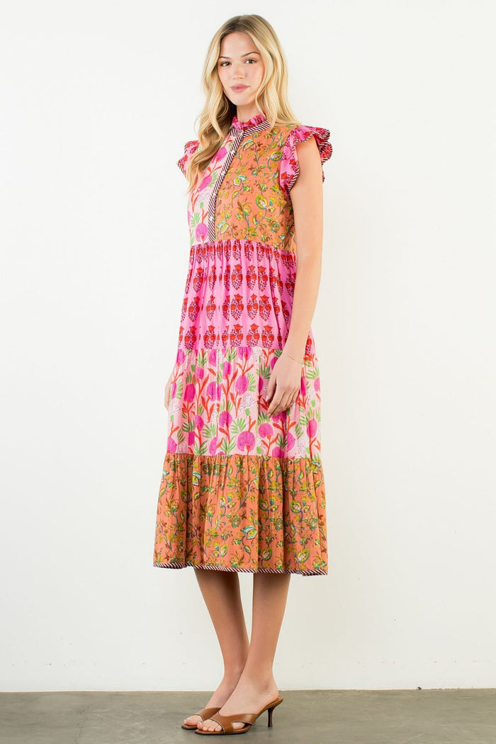 Floral Dreams Pink Patchwork Tiered Dress