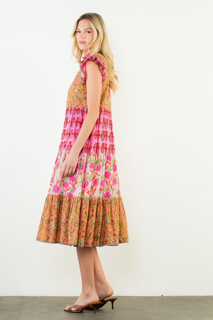 Floral Dreams Pink Patchwork Tiered Dress