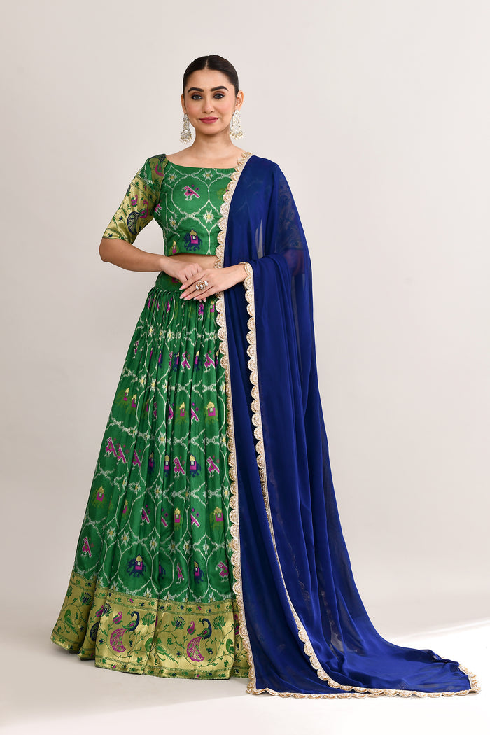 Forest Green Cotton Silk Ikat Printed Lehenga Set