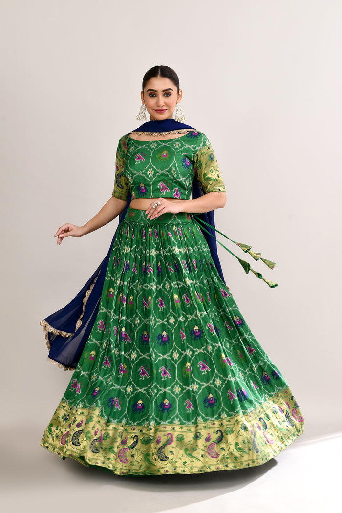 Forest Green Cotton Silk Ikat Printed Lehenga Set