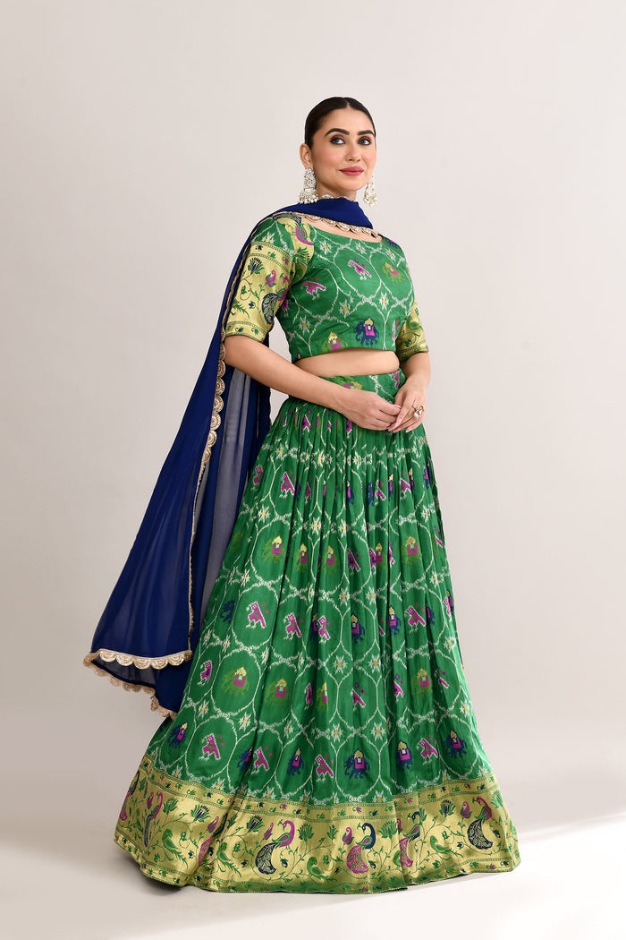 Forest Green Cotton Silk Ikat Printed Lehenga Set