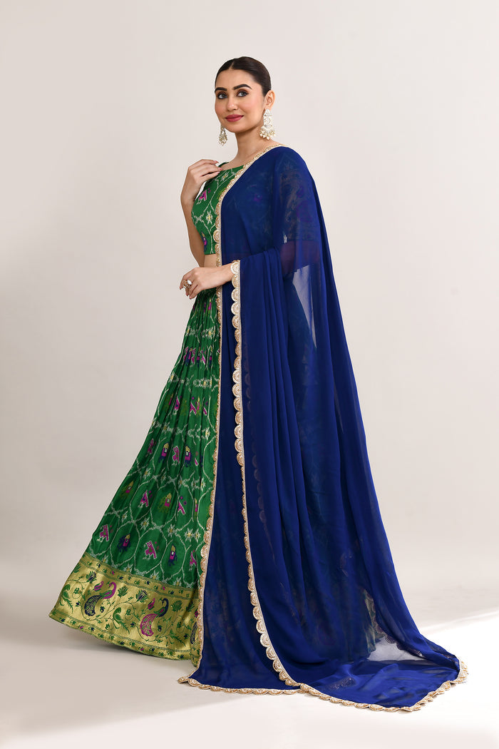 Forest Green Cotton Silk Ikat Printed Lehenga Set