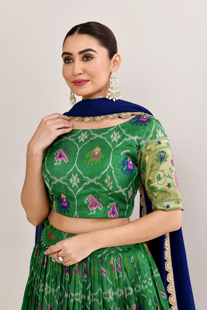 Forest Green Cotton Silk Ikat Printed Lehenga Set
