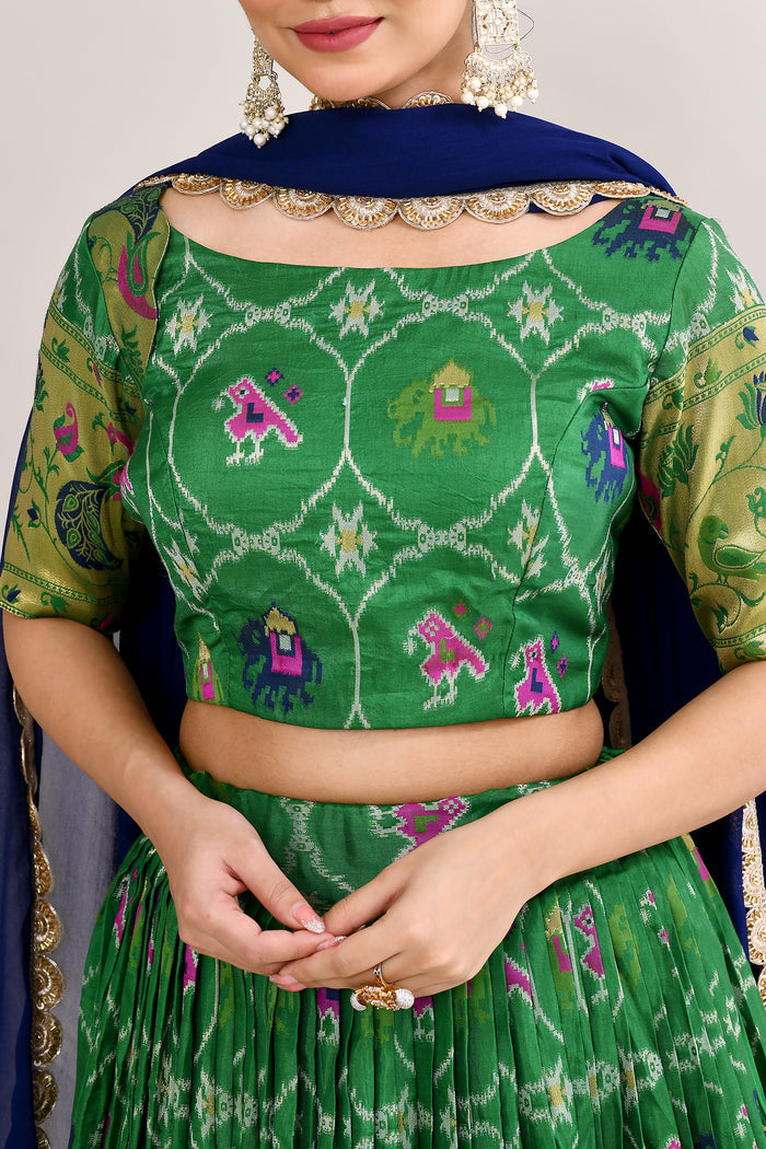 Forest Green Cotton Silk Ikat Printed Lehenga Set