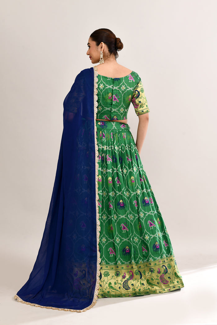 Forest Green Cotton Silk Ikat Printed Lehenga Set