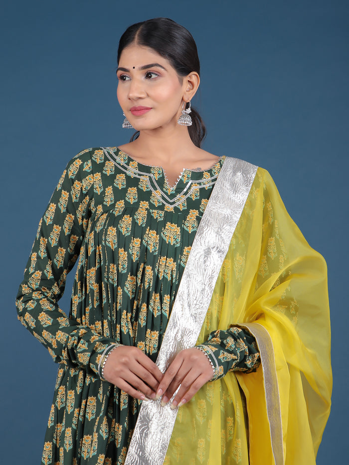 Forest Green Floral Print Anarkali Set