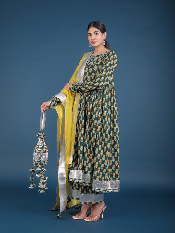 Forest Green Floral Print Anarkali Set
