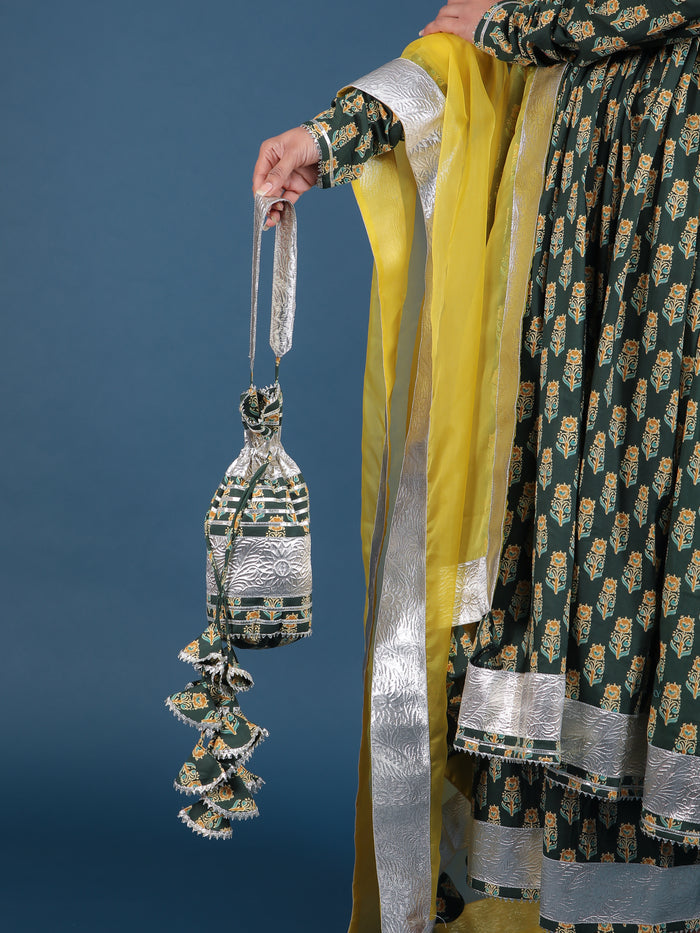 Forest Green Floral Print Anarkali Set