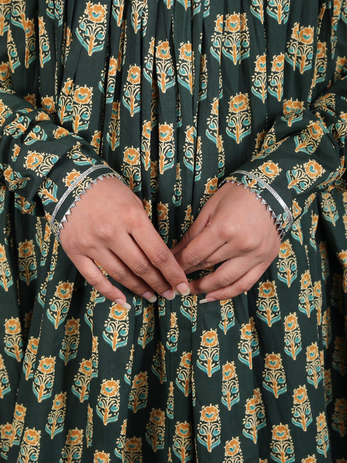 Forest Green Floral Print Anarkali Set