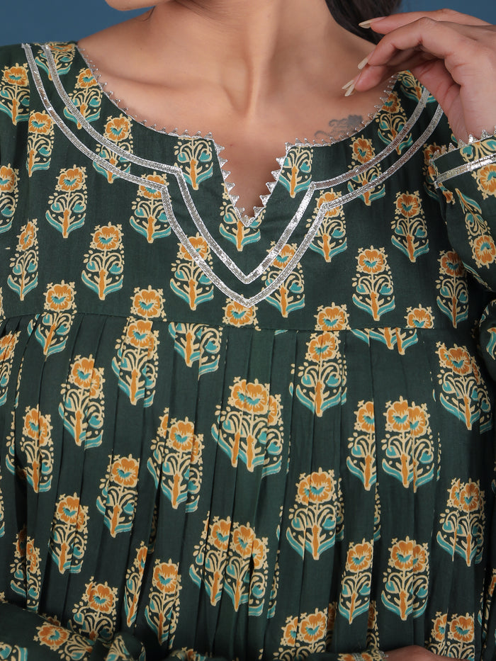 Forest Green Floral Print Anarkali Set