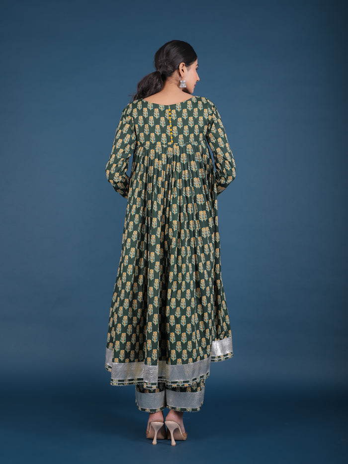 Forest Green Floral Print Anarkali Set