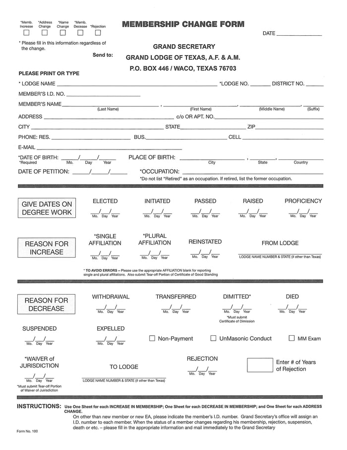 Form 100- Membership Change Forms