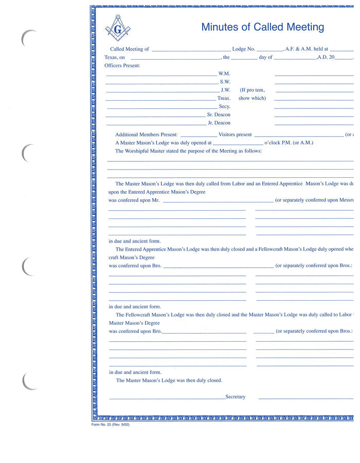 Form 25- Minutes of Called Meetings