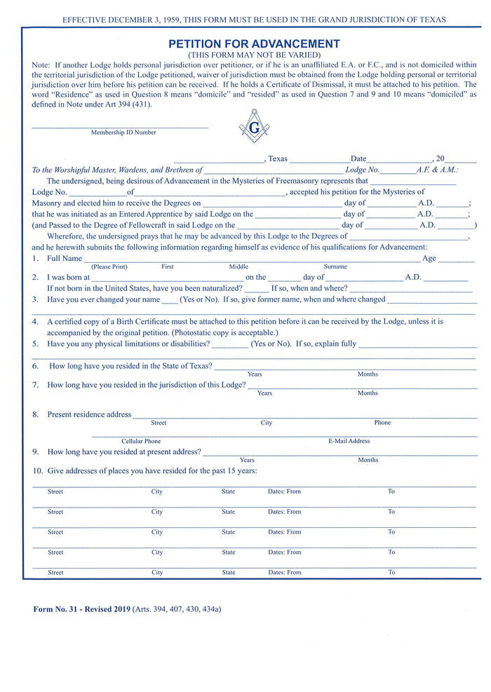 Form 31- Petition of Advancement