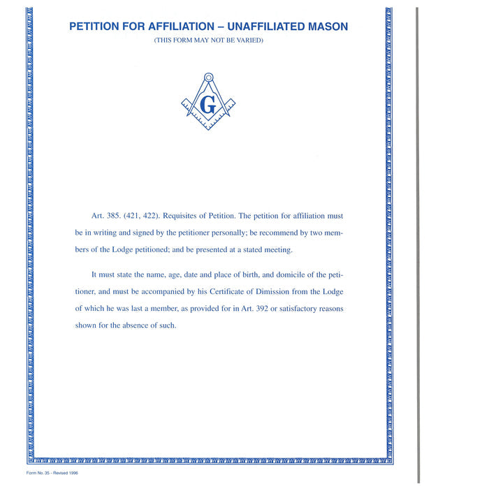 Form 35- Petition for Affiliation- Unaffiliated Mason