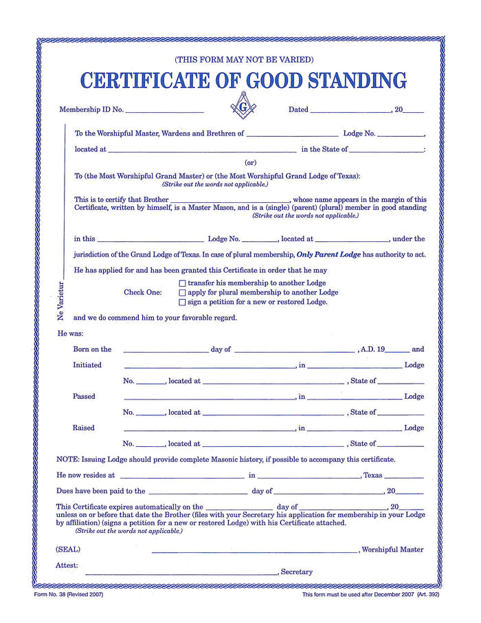 Form 38- Certificate of Good Standing