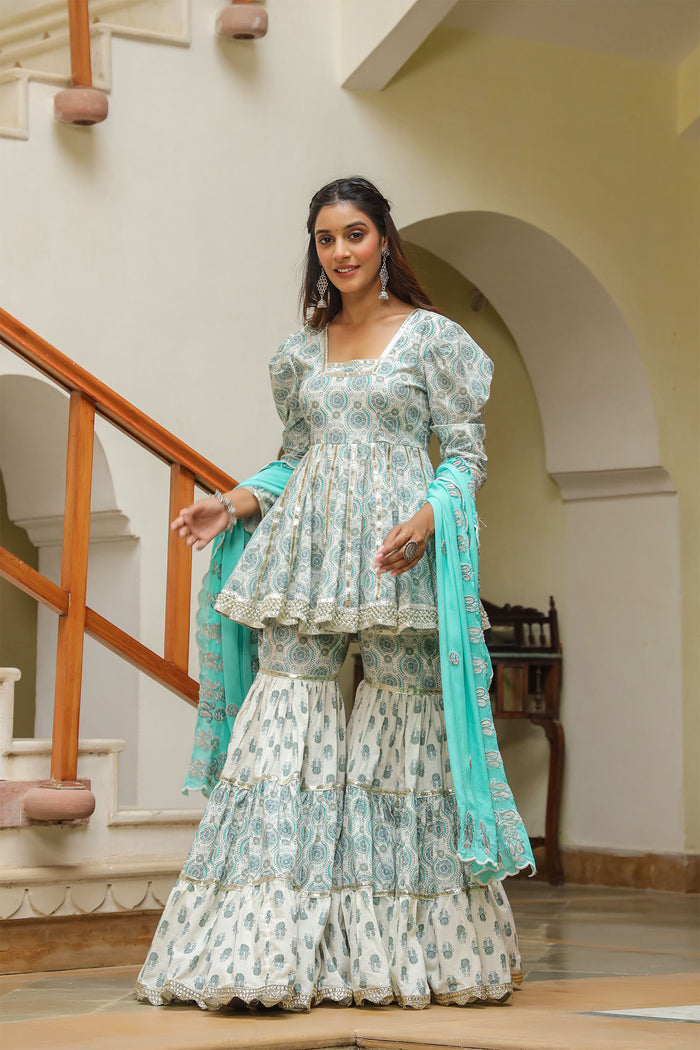 <img> Fountain Blue Cotton Printed Gharara Set