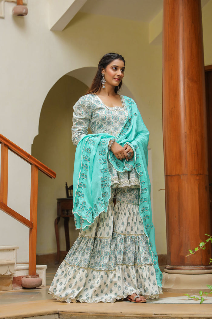 <img> Fountain Blue Cotton Printed Gharara Set