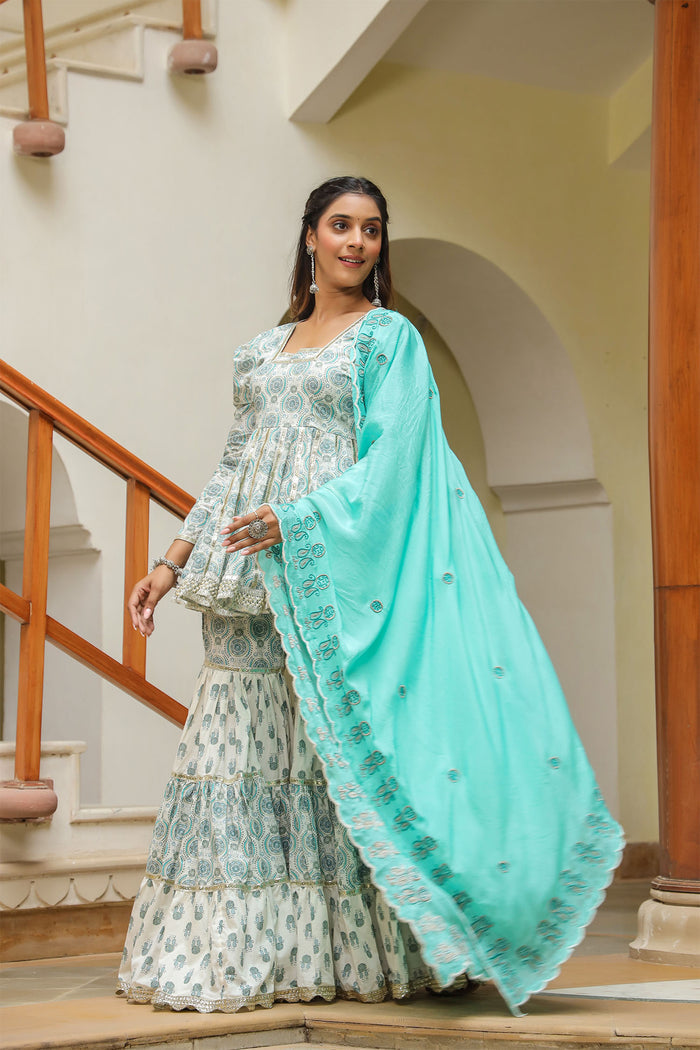 <img> Fountain Blue Cotton Printed Gharara Set
