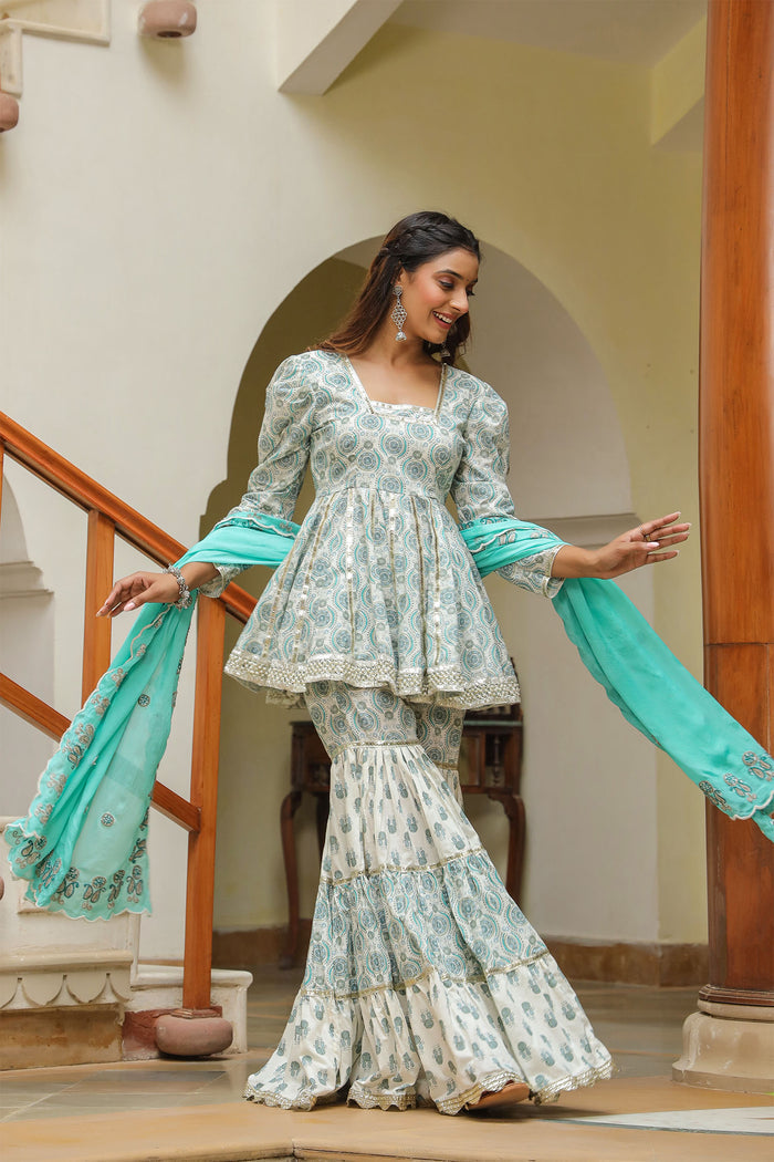 <img> Fountain Blue Cotton Printed Gharara Set