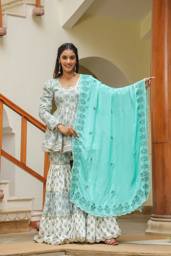 <img> Fountain Blue Cotton Printed Gharara Set