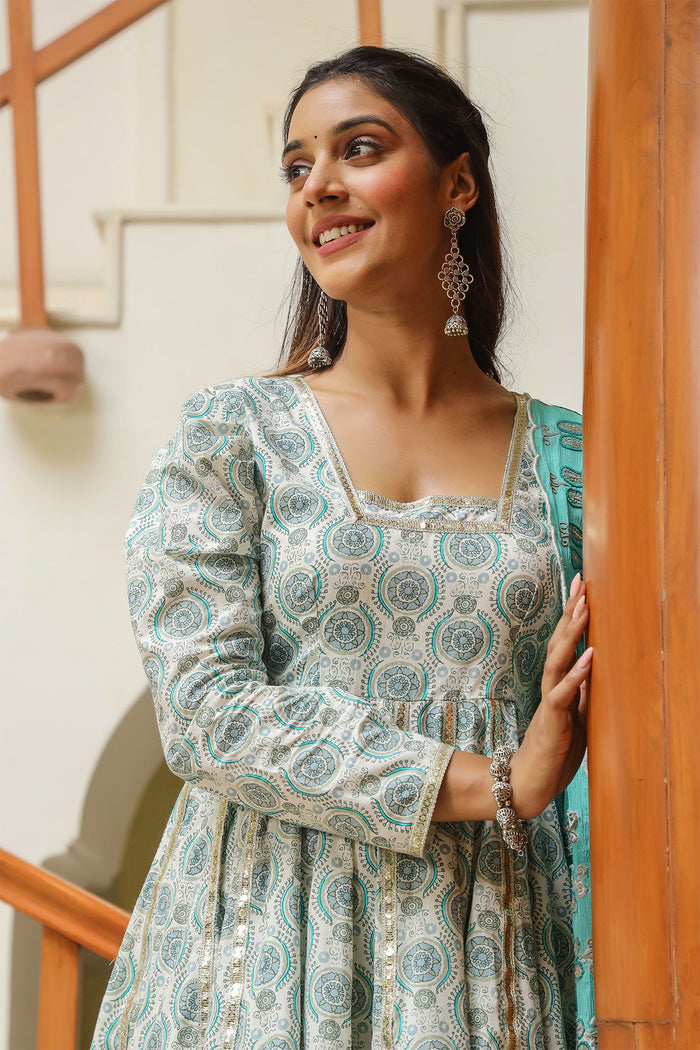 <img> Fountain Blue Cotton Printed Gharara Set