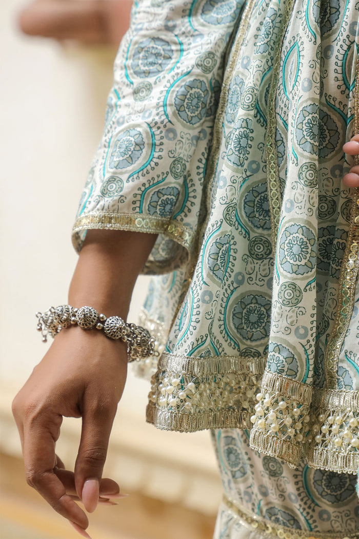 <img> Fountain Blue Cotton Printed Gharara Set