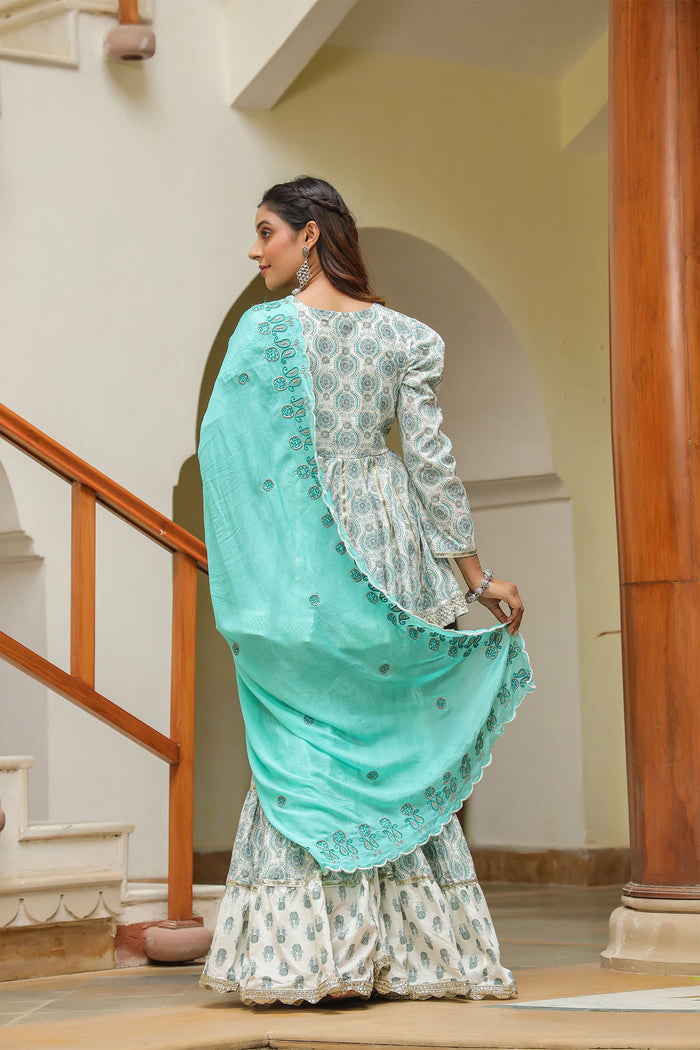 <img> Fountain Blue Cotton Printed Gharara Set